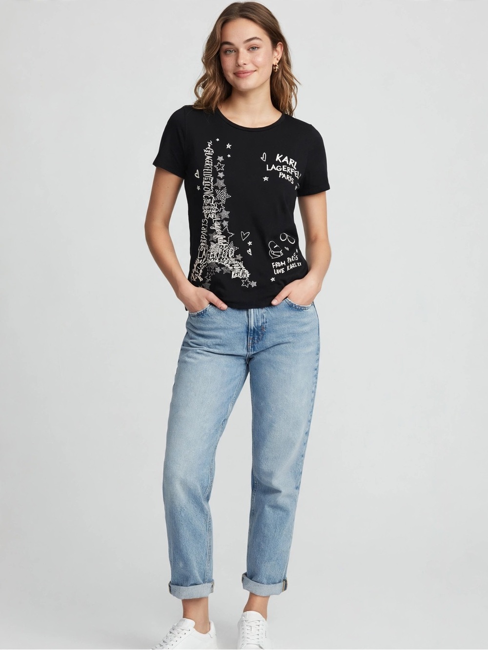 Karl Lagerfeld Paris Black Graphic Tee, Rhinestone Logo, Size S